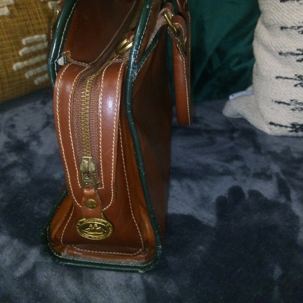 Brahmin Mini Bowler Leather Top Handle Satchel in Cognac Brown with Green Trim - Picture 11 of 14